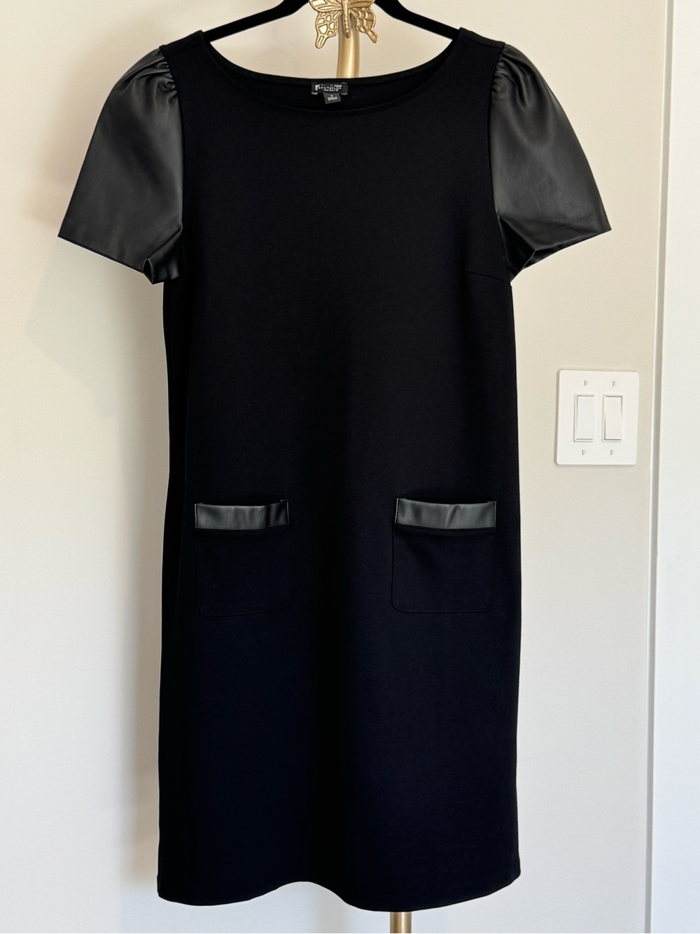 Ann Taylor Factory Black Shift Dress Faux Leather Sleeves Pockets Size Medium